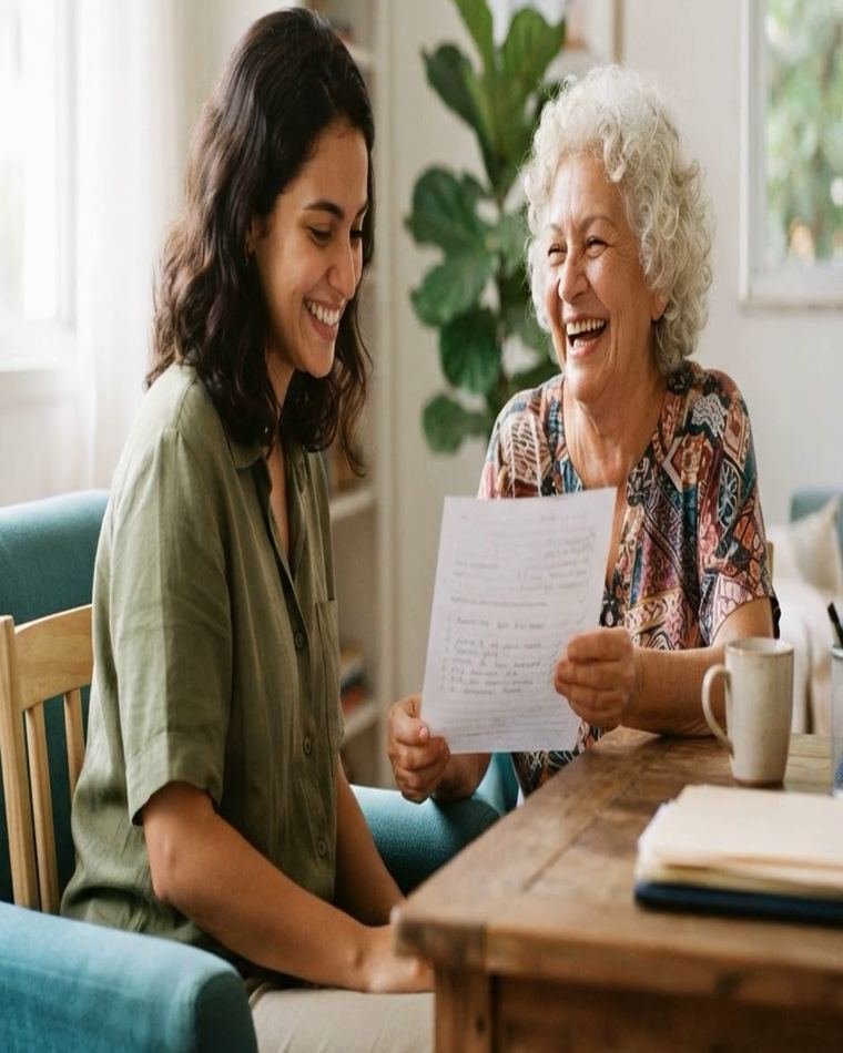 Duas mulheres rindo juntas, uma delas idosa, com uma folha na mão