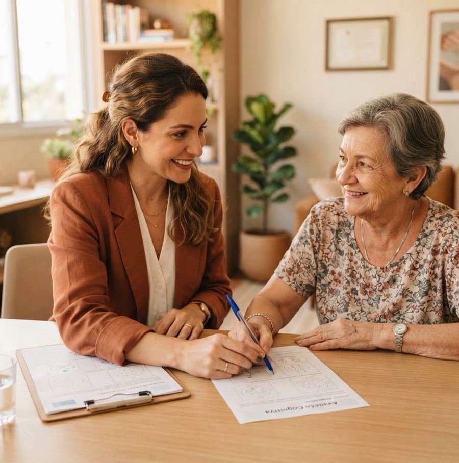 Mulher e senhora sorrindo, fazendo uma atividade juntas à mesa